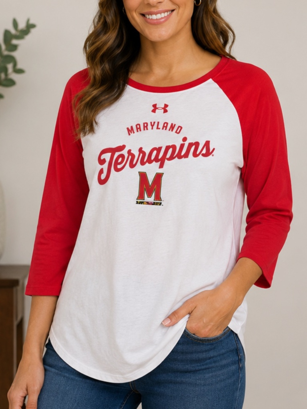 Under Armour Maryland Terrapins Women’s Red/White 3/4 Sleeve T-Shirt, XL